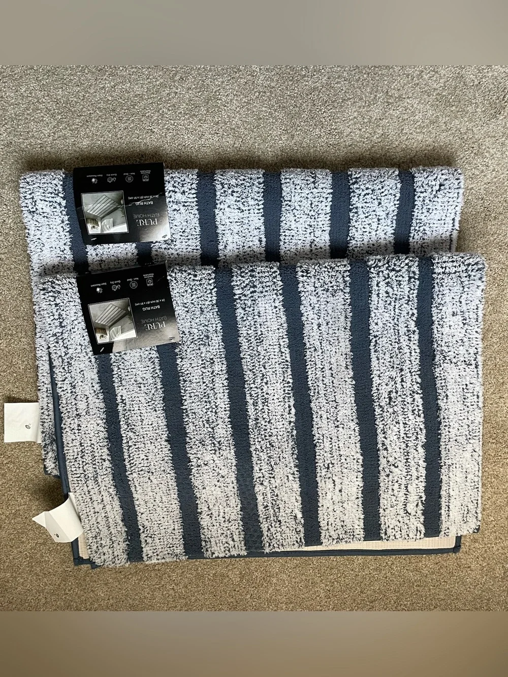Navy and White Striped Plush Bath Rug